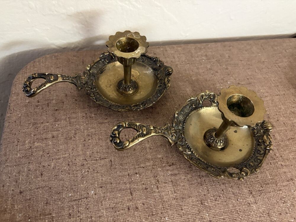 Vintage Ornate Brass Candleholder Pair Spoon Shaped Handle Floral Scrollwork